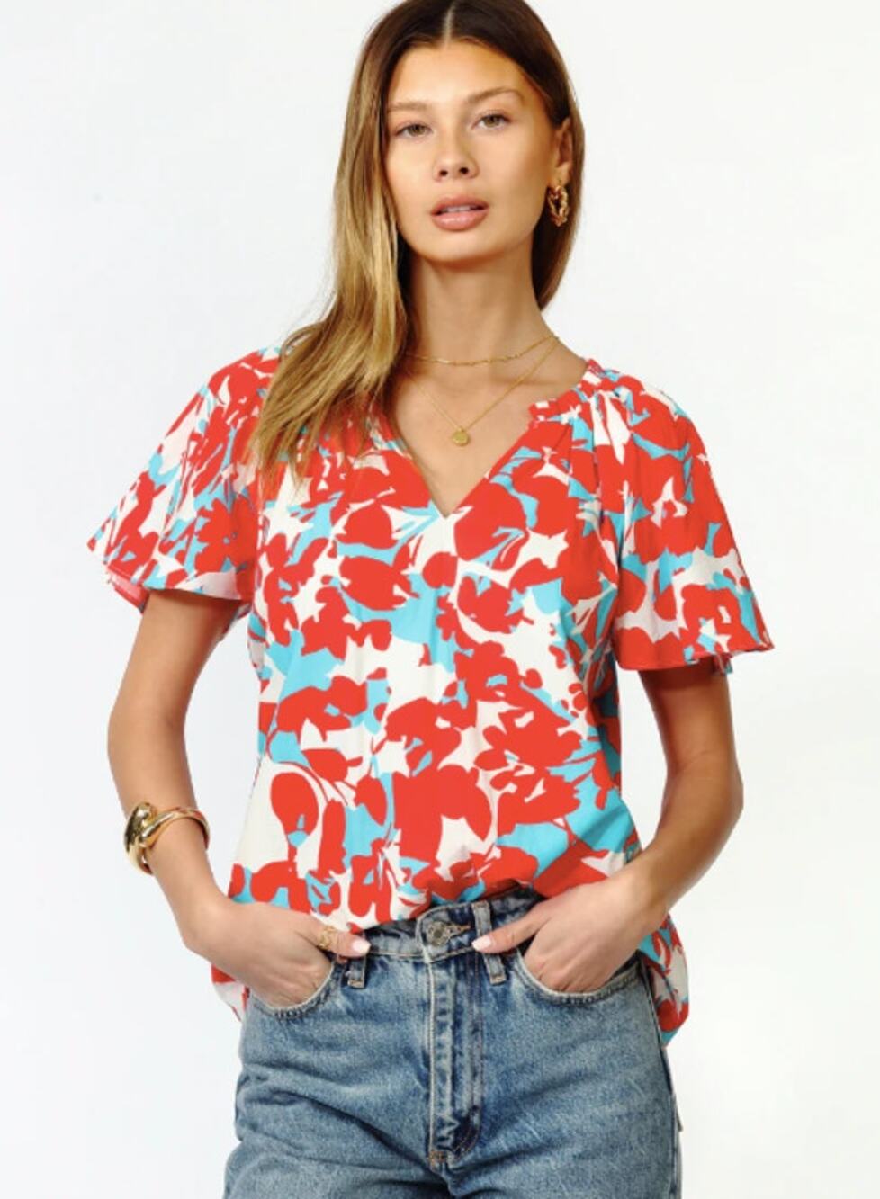 ADELYN RAE NWT Ailan Cotton Print Short Sleeve Blouse // M